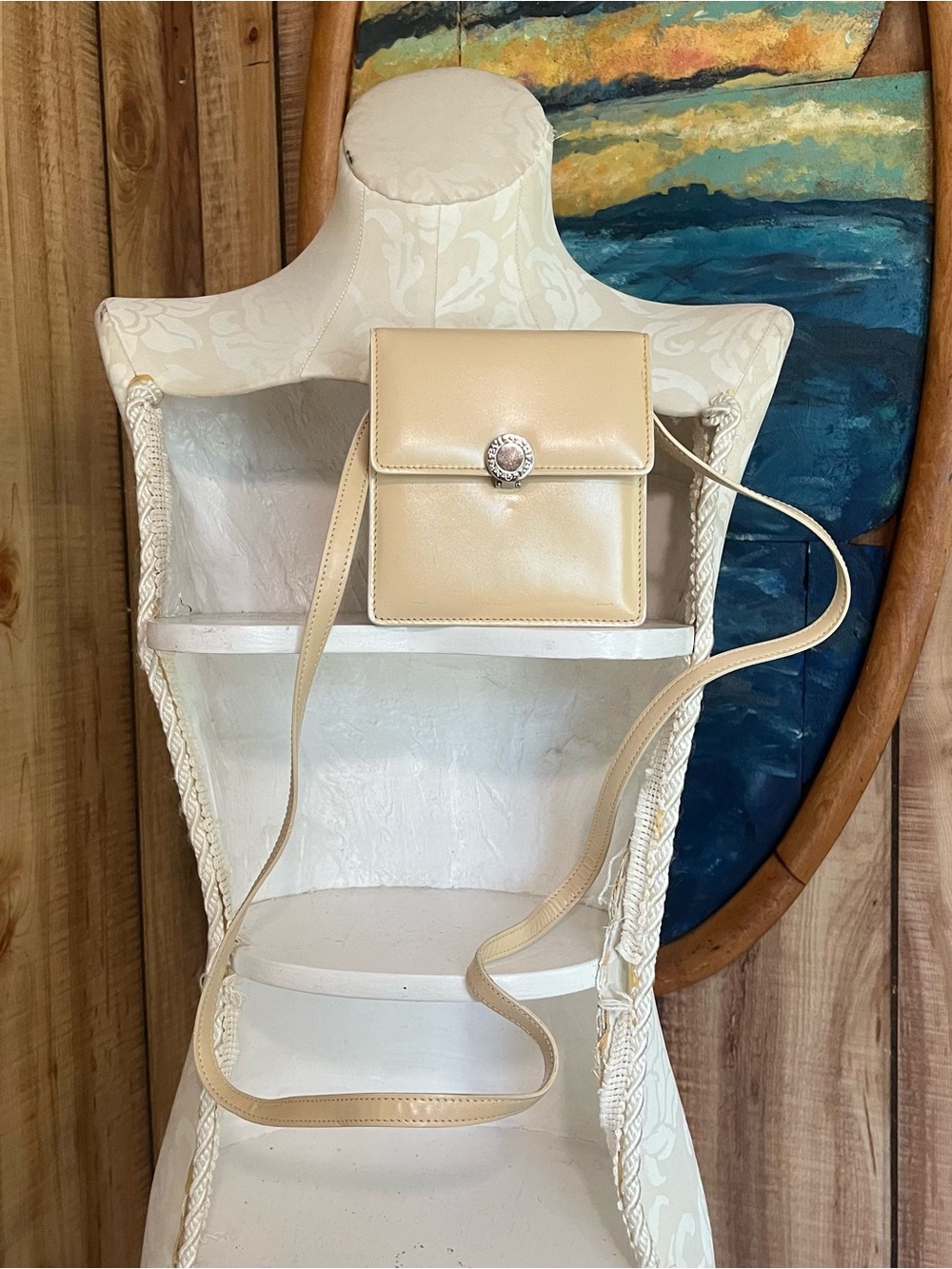 💋 Bulgari Cream Leather Square Crossbody with Silver-Tone Medallion